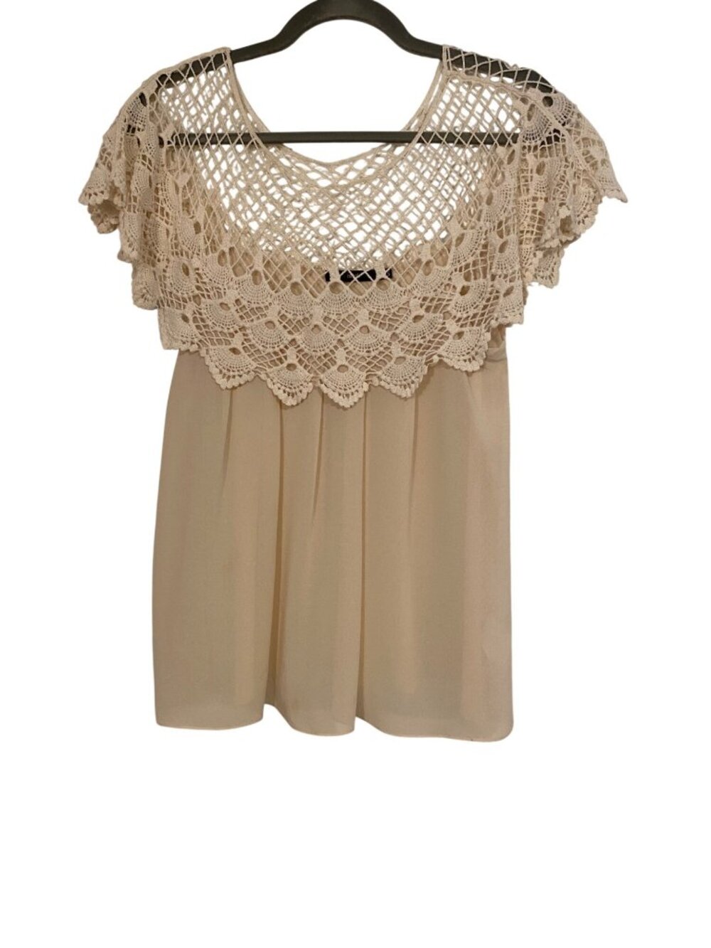 Hazel Women's XS Cream Boho Top Crochet Lace Overlay Peasant Flowy Lightweight